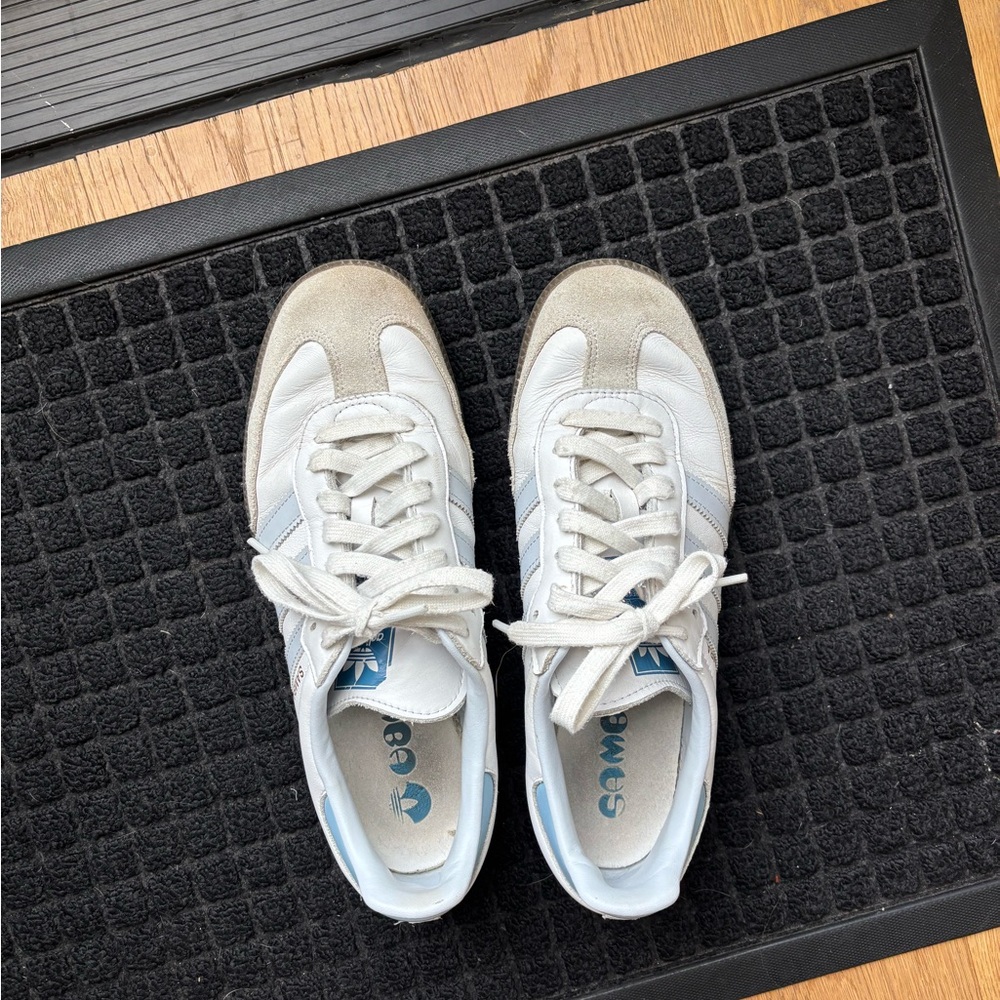 Adidas White and Baby Blue Sambas - Picture 2 of 9